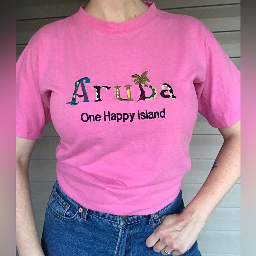 Vintage Bubblegum Pink Embroidered Aruba Tee